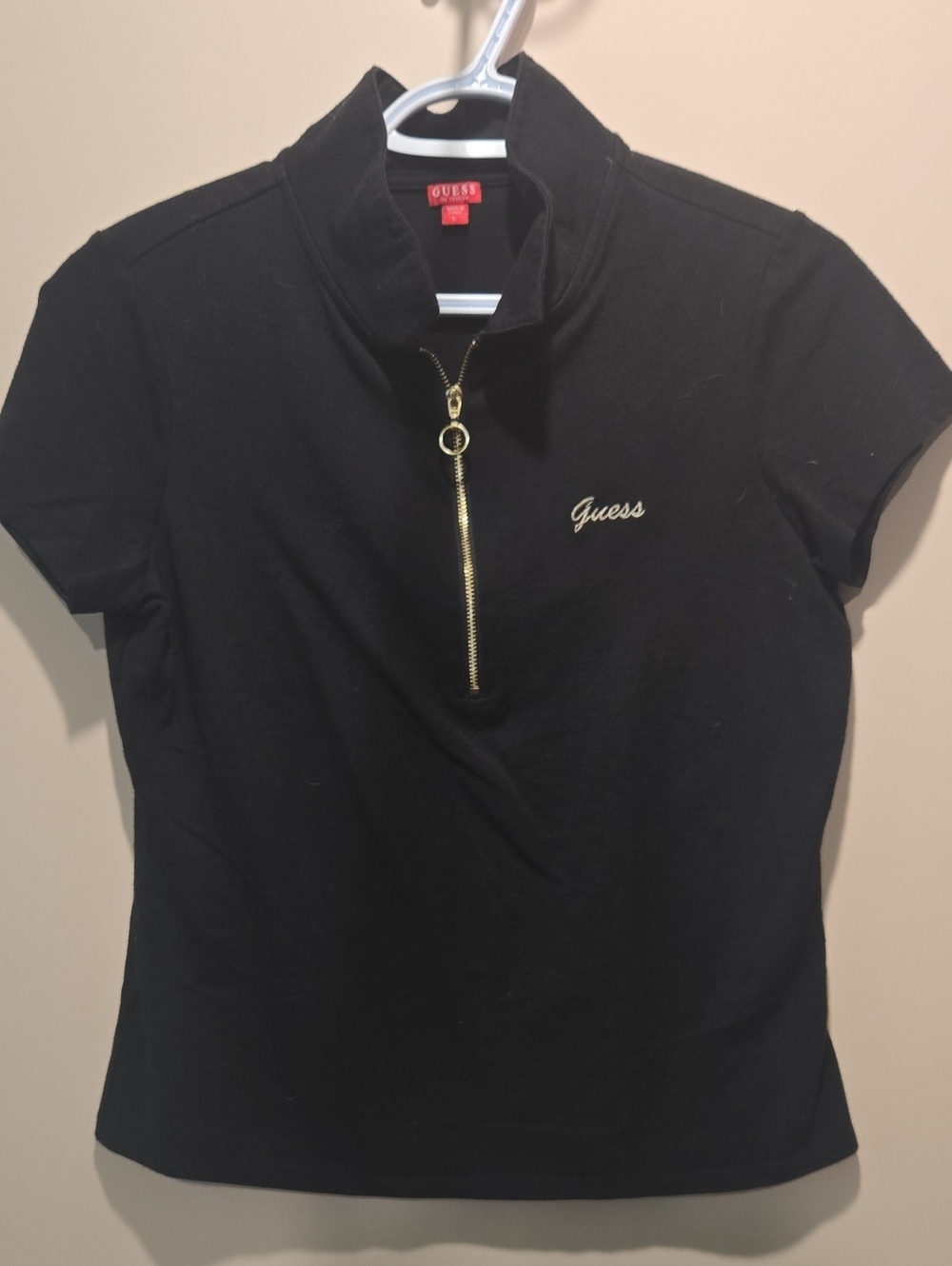 Guess Black Short Sleeve Zip Polo Top with Gold Trim